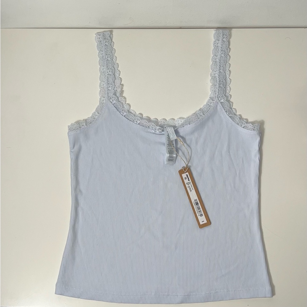 Skims Soft Lounge Lace Trim Ribbed Camisole Cami Shirt in Mineral Blue - Picture 7 of 13